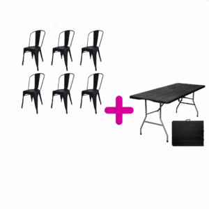 Silla de comedor DeSillas Tolix con estructura color negro mate x 6 unidades + Mesa Picnic 180 X 74 Simil Madera Playa Gardenlife Color Negro